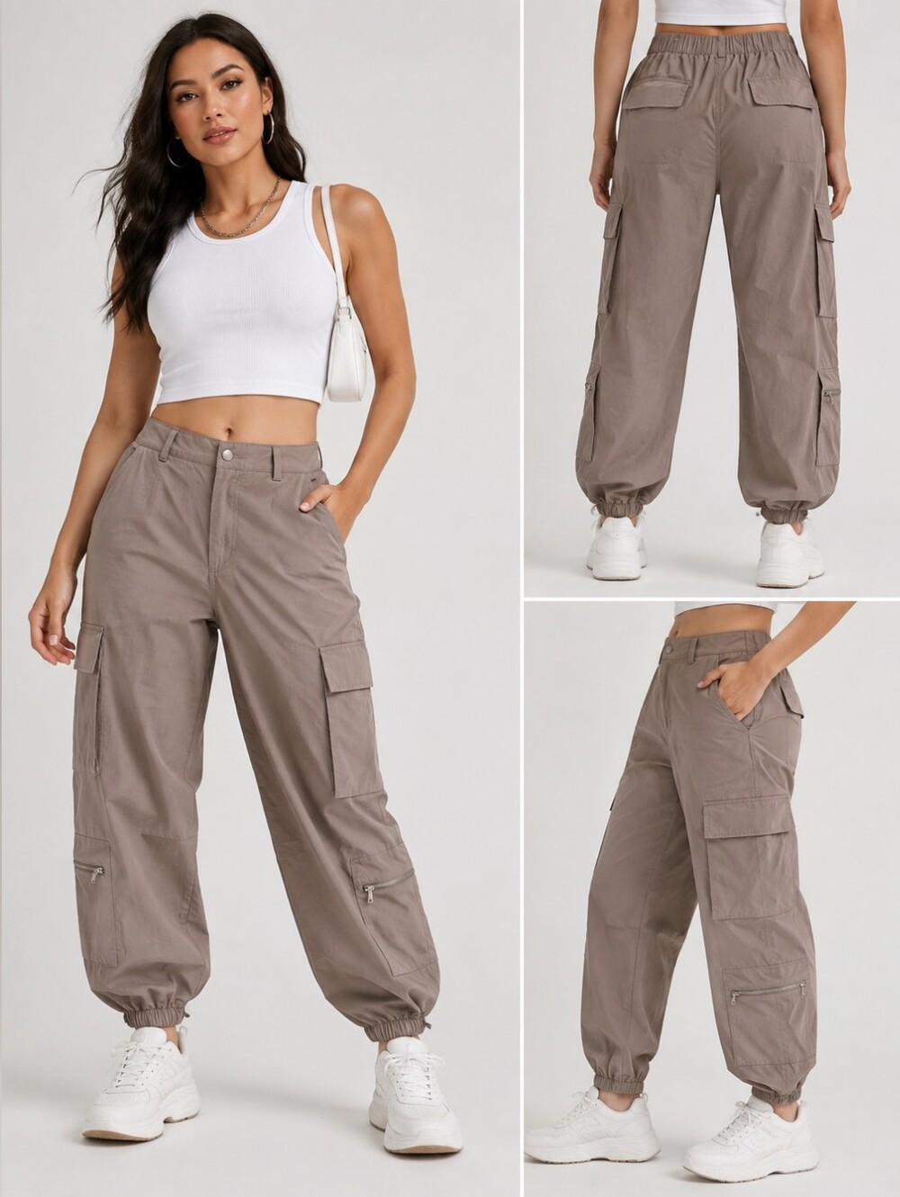 Harper & Ivy XL Taupe Cargo Parachute Pants Utility Zip Pocket Jogger Y2K